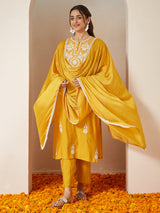 Women's Mustard Silk Blend Embroidered Straight Kurta Set