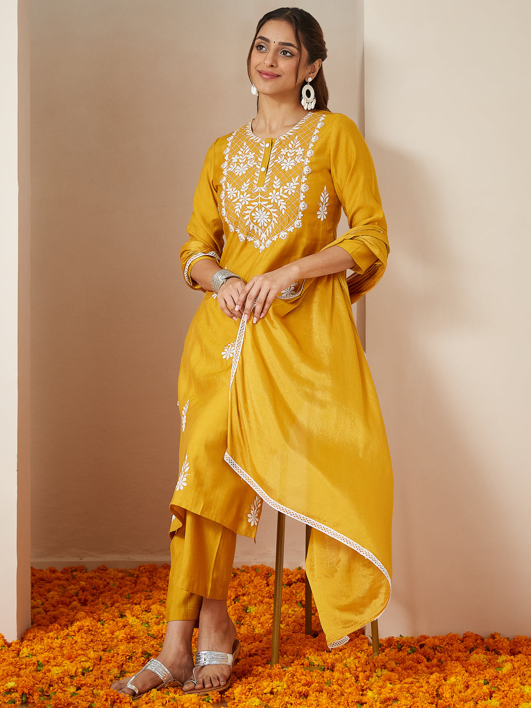 Women's Mustard Silk Blend Embroidered Straight Kurta Set