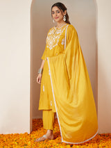 Women's Mustard Silk Blend Embroidered Straight Kurta Set