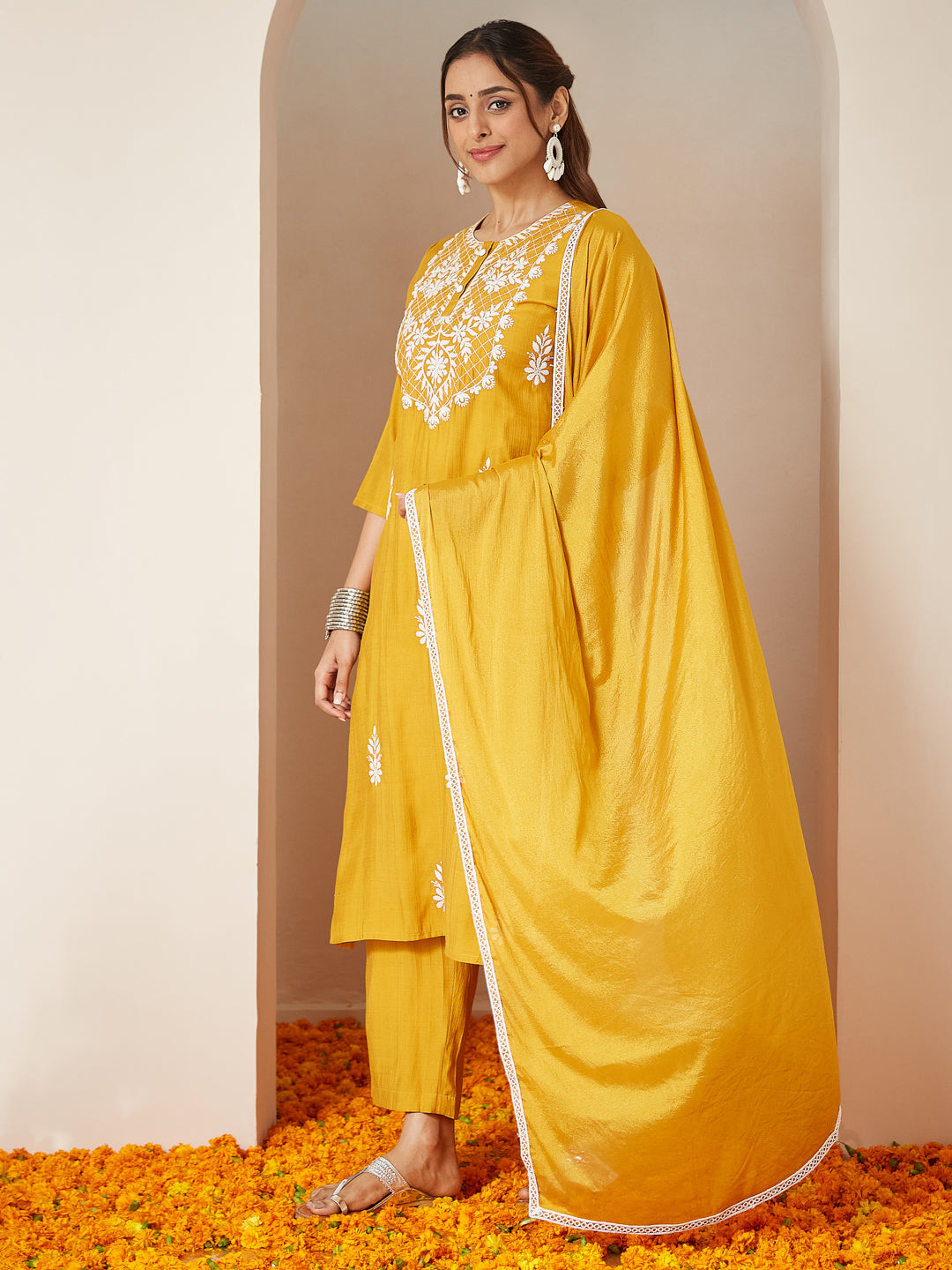 Women's Mustard Silk Blend Embroidered Straight Kurta Set