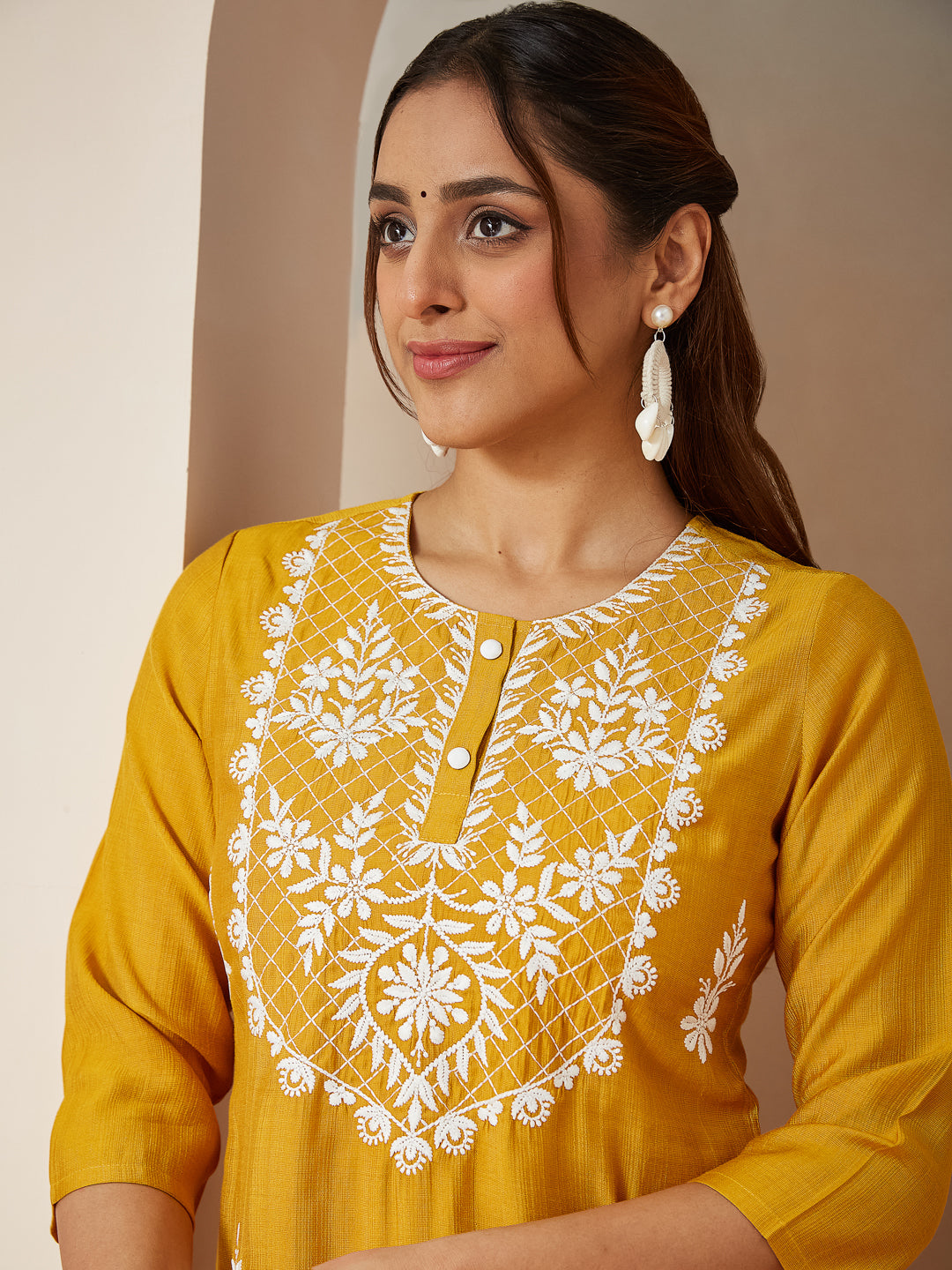 Women's Mustard Silk Blend Embroidered Straight Kurta Set