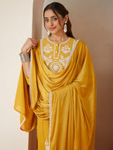 Women's Mustard Silk Blend Embroidered Straight Kurta Set