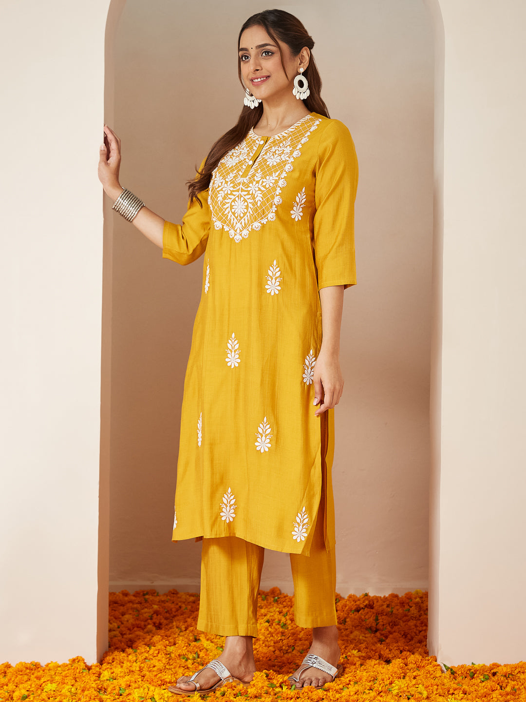 Women's Mustard Silk Blend Embroidered Straight Kurta Set