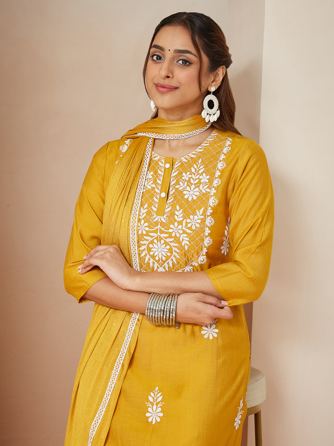 Women's Mustard Silk Blend Embroidered Straight Kurta Set