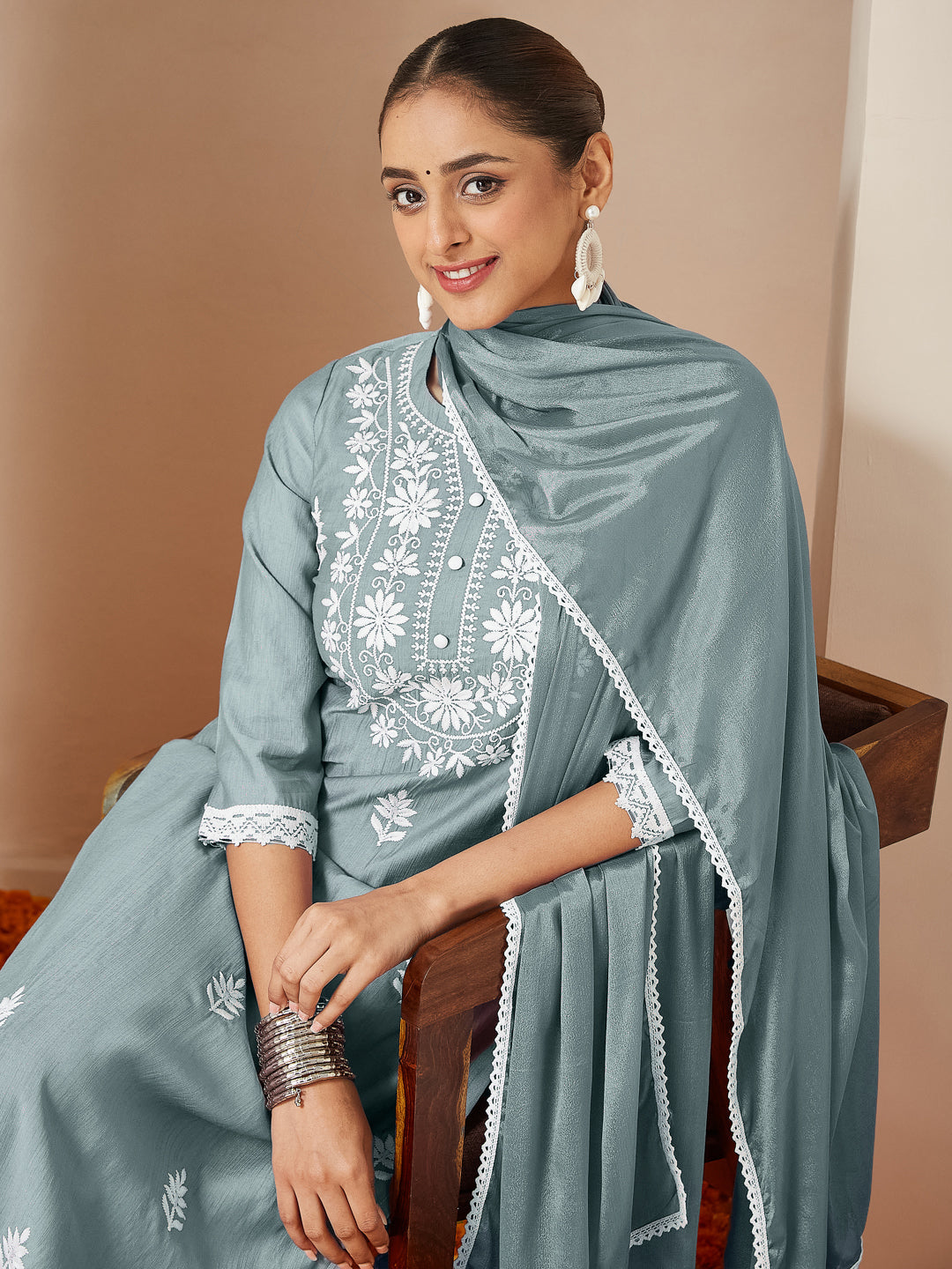 Women's Powder Blue Silk Blend Embroidered Straight Kurta Set