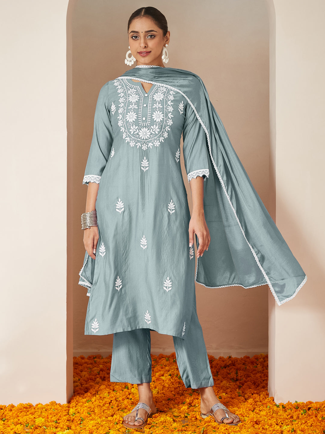 Women's Powder Blue Silk Blend Embroidered Straight Kurta Set