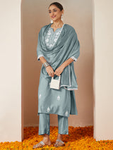 Women's Powder Blue Silk Blend Embroidered Straight Kurta Set