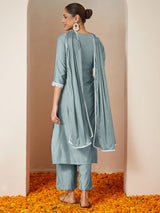 Women's Powder Blue Silk Blend Embroidered Straight Kurta Set