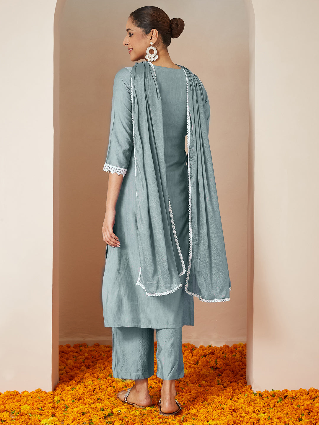 Women's Powder Blue Silk Blend Embroidered Straight Kurta Set