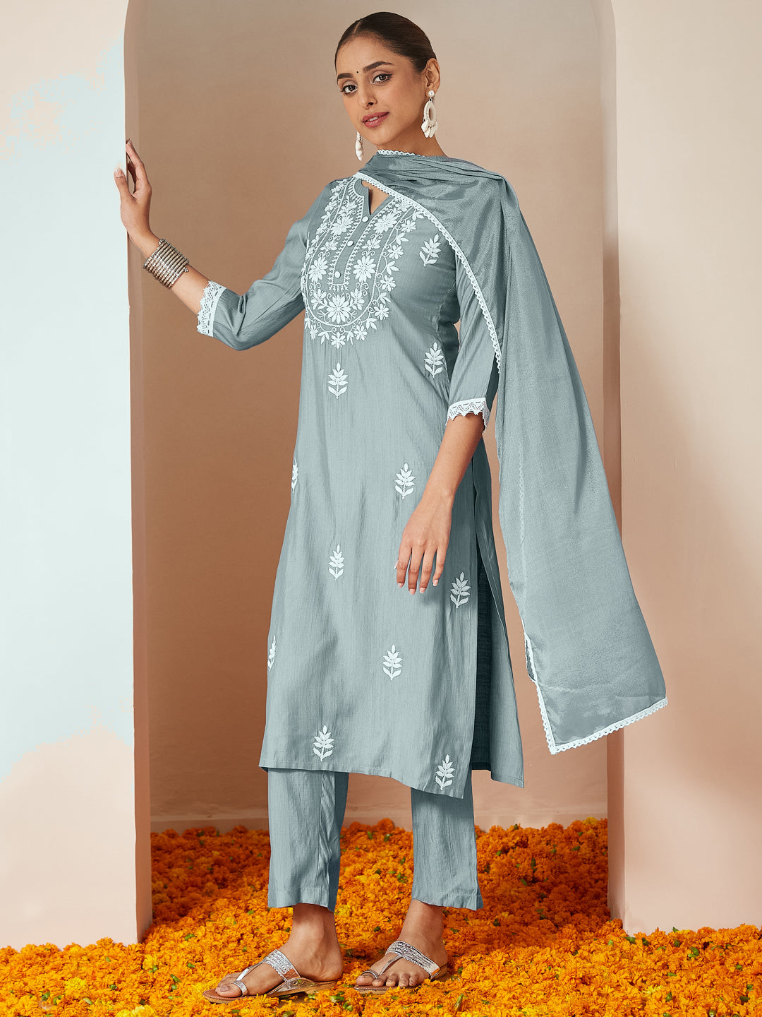 Women's Powder Blue Silk Blend Embroidered Straight Kurta Set
