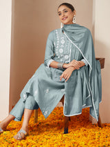 Women's Powder Blue Silk Blend Embroidered Straight Kurta Set