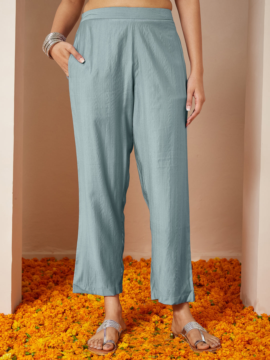 Women's Powder Blue Silk Blend Embroidered Straight Kurta Set