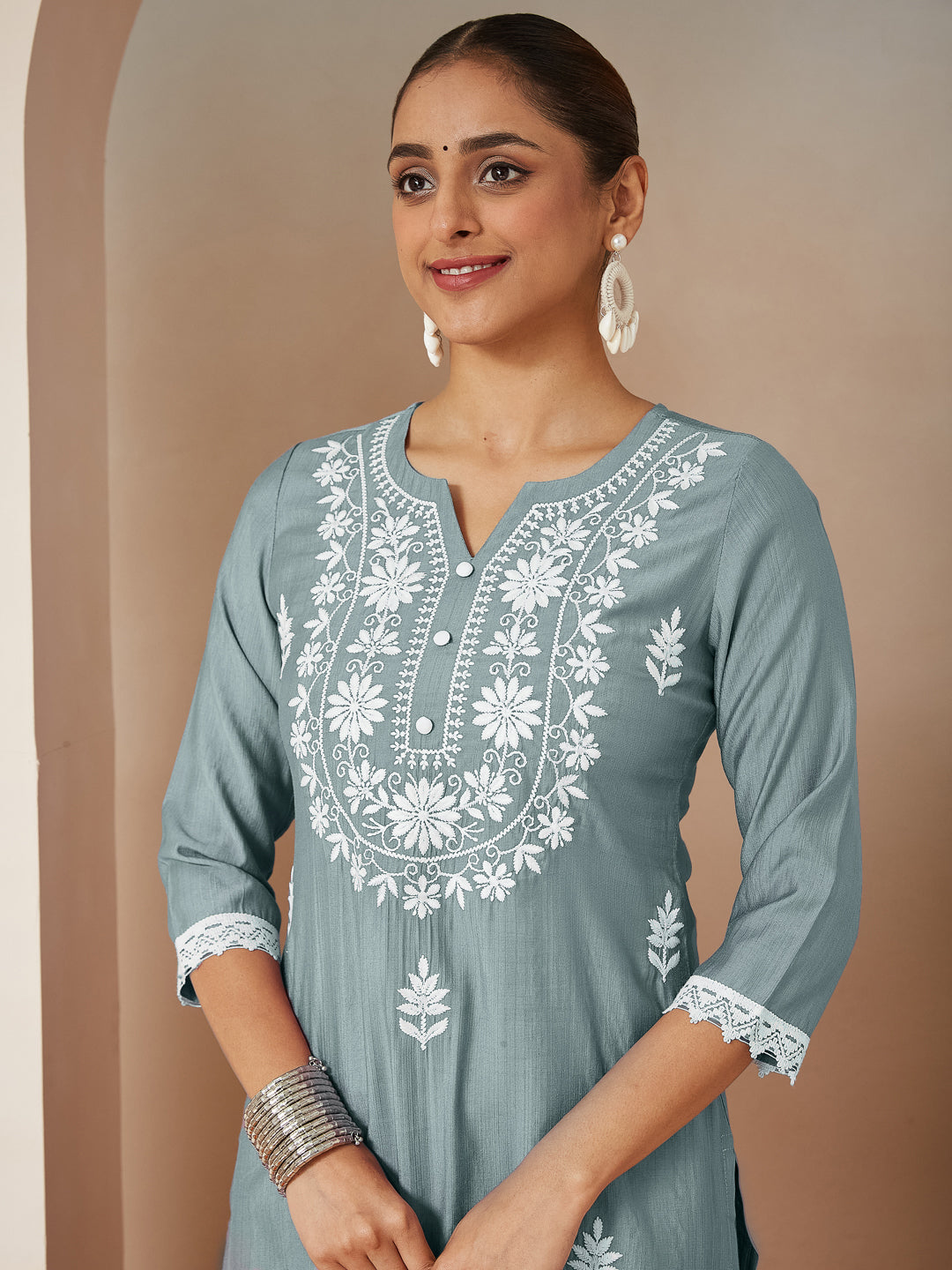 Women's Powder Blue Silk Blend Embroidered Straight Kurta Set