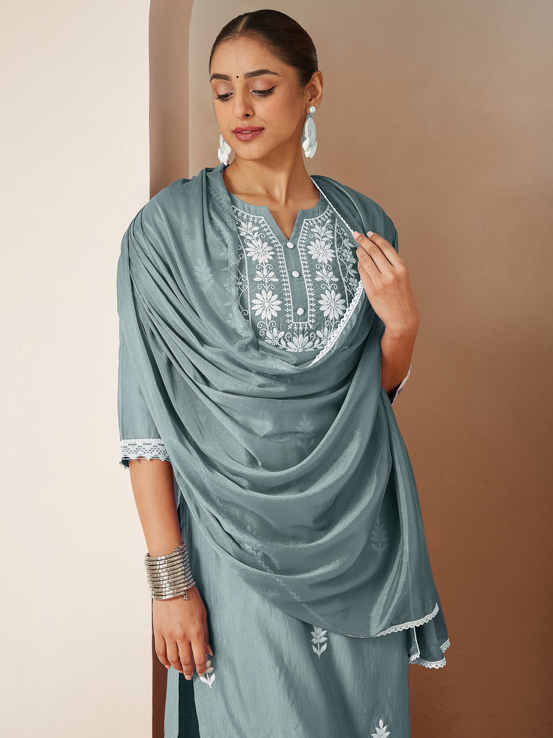Women's Powder Blue Silk Blend Embroidered Straight Kurta Set