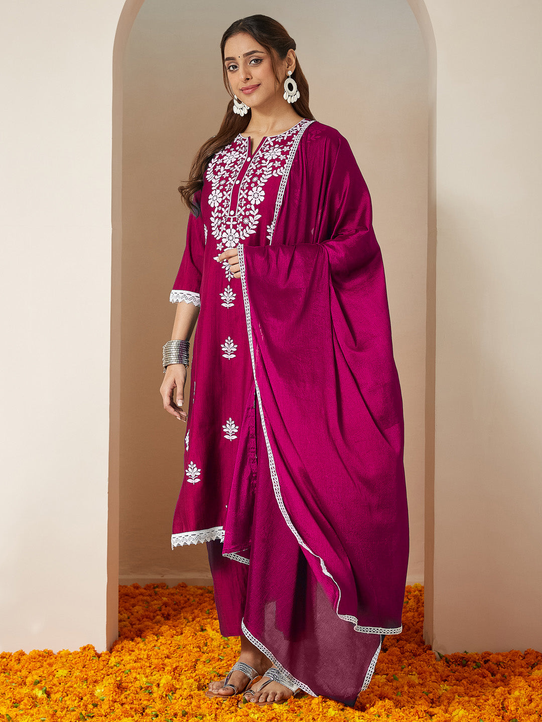 Women's Pink Silk Blend Embroidered Straight Kurta Set With Dupatta
