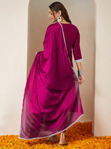 Women's Pink Silk Blend Embroidered Straight Kurta Set With Dupatta