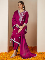 Women's Pink Silk Blend Embroidered Straight Kurta Set With Dupatta
