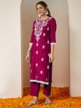 Women's Pink Silk Blend Embroidered Straight Kurta Set With Dupatta