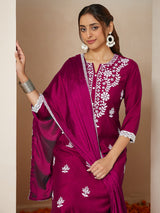 Women's Pink Silk Blend Embroidered Straight Kurta Set With Dupatta