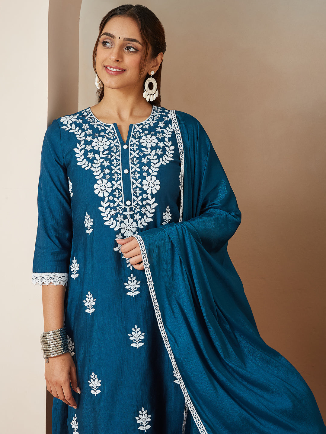 Women's Teal Blue Silk Blend Embroidered Straight Kurta Set