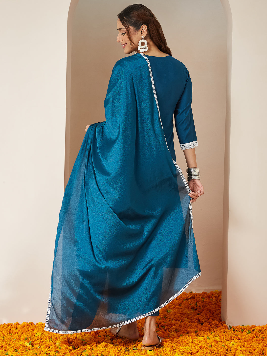 Women's Teal Blue Silk Blend Embroidered Straight Kurta Set