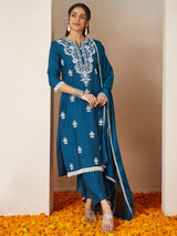 Women's Teal Blue Silk Blend Embroidered Straight Kurta Set