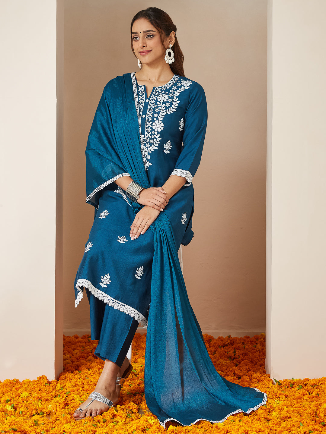 Women's Teal Blue Silk Blend Embroidered Straight Kurta Set