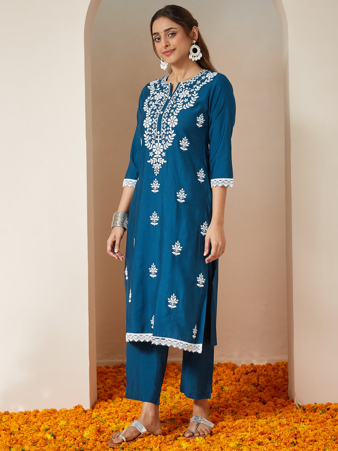 Women's Teal Blue Silk Blend Embroidered Straight Kurta Set