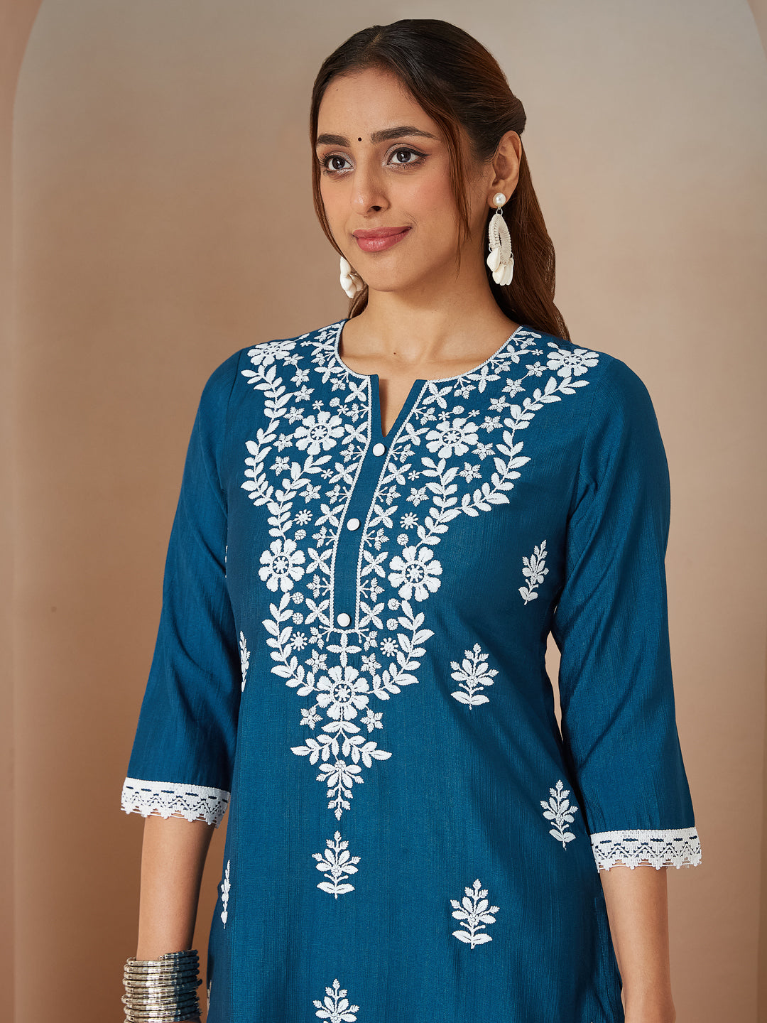 Women's Teal Blue Silk Blend Embroidered Straight Kurta Set