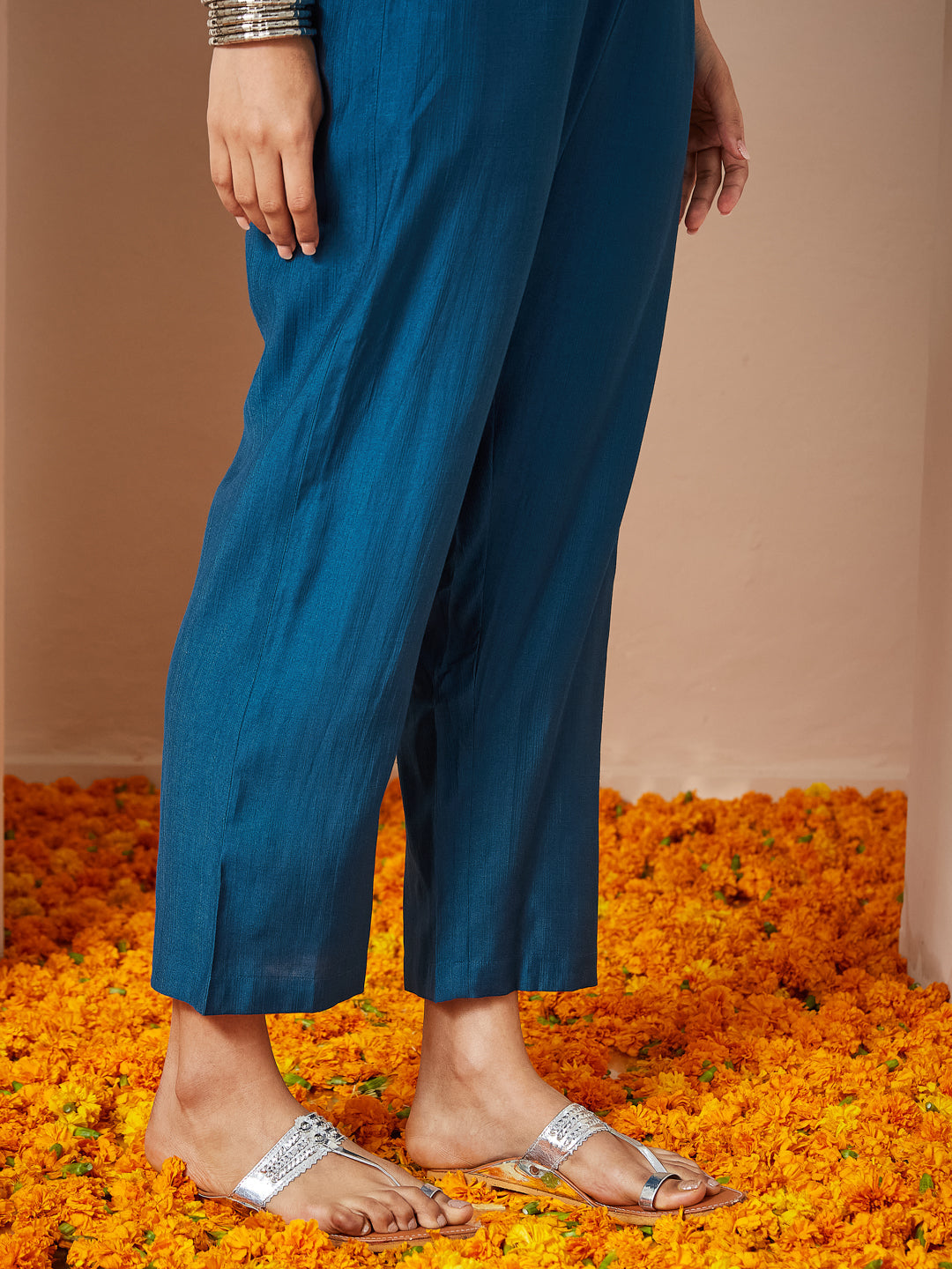 Women's Teal Blue Silk Blend Embroidered Straight Kurta Set