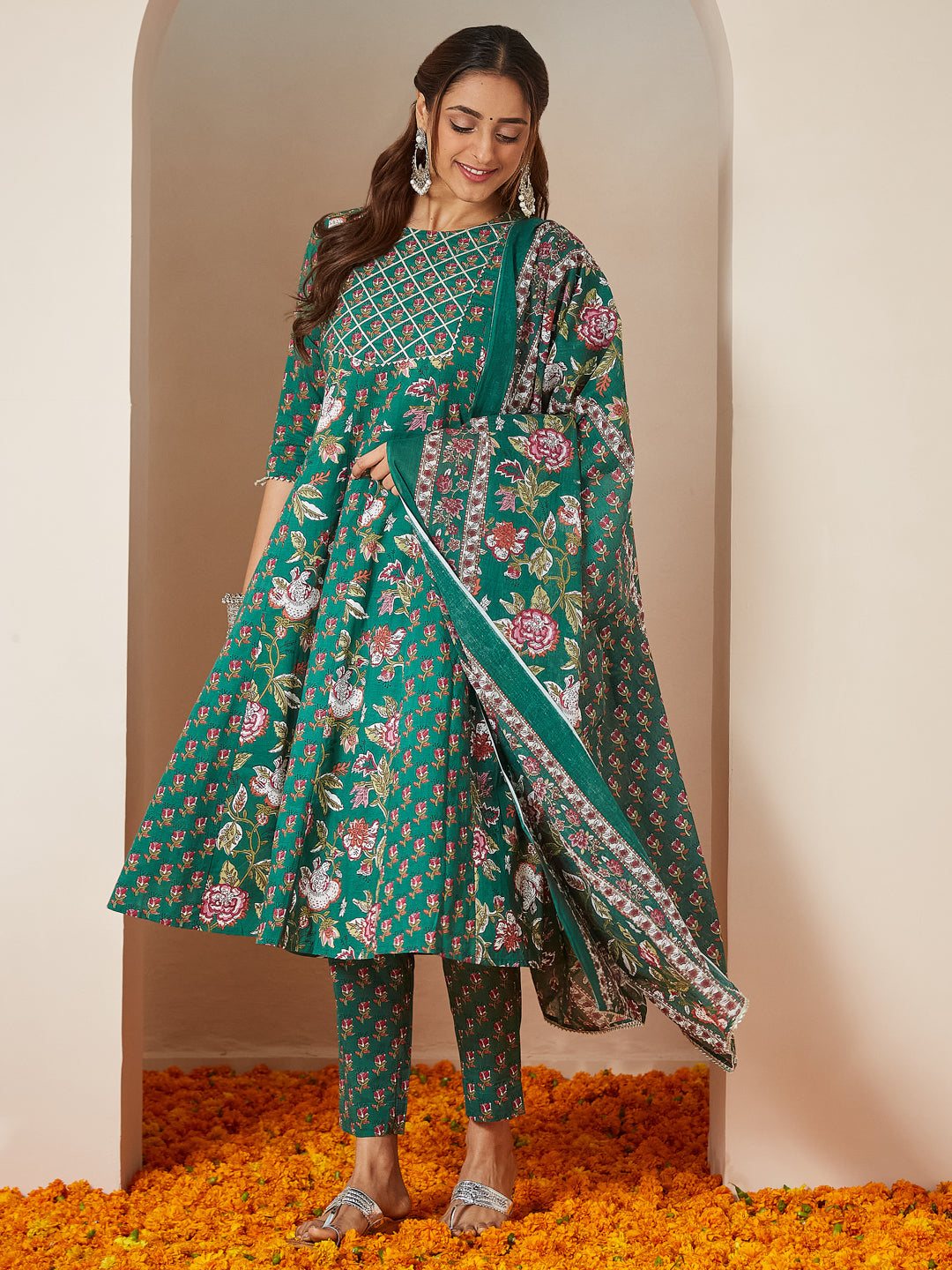 Women's Green Pure Cotton Floral Printed Yoke Design Anarkali Kurta Set