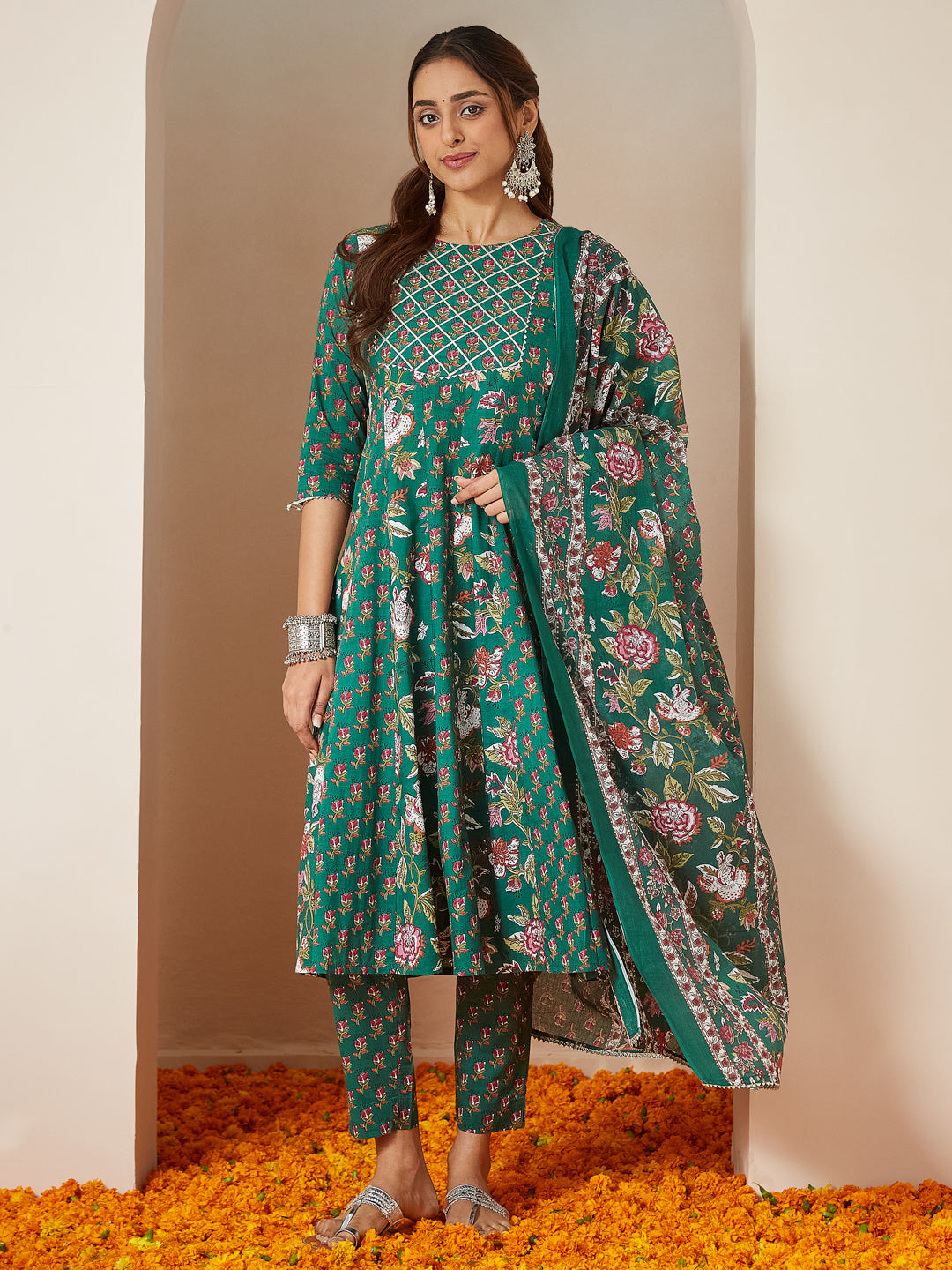 Women's Green Pure Cotton Floral Printed Yoke Design Anarkali Kurta Set