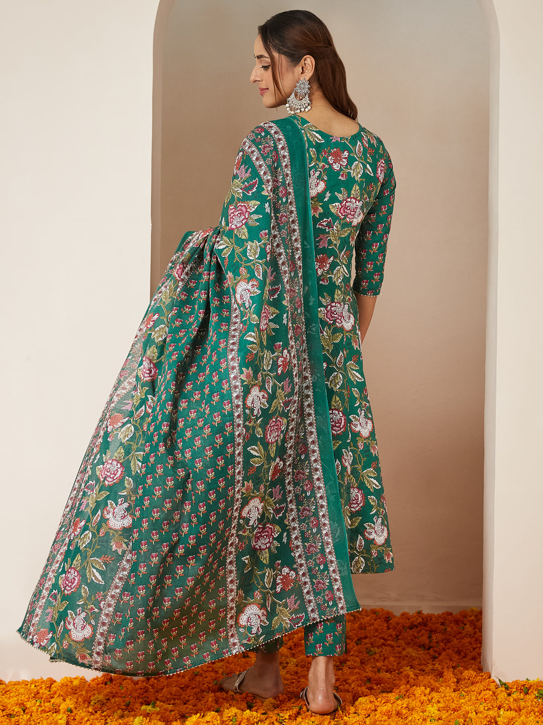 Women's Green Pure Cotton Floral Printed Yoke Design Anarkali Kurta Set