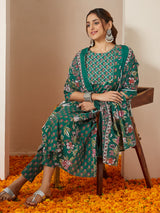 Women's Green Pure Cotton Floral Printed Yoke Design Anarkali Kurta Set