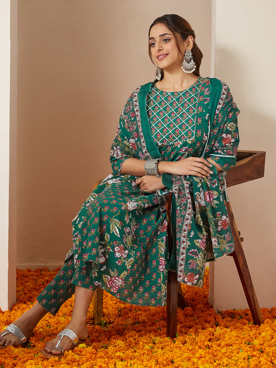 Women's Green Pure Cotton Floral Printed Yoke Design Anarkali Kurta Set