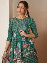 Women's Green Pure Cotton Floral Printed Yoke Design Anarkali Kurta Set