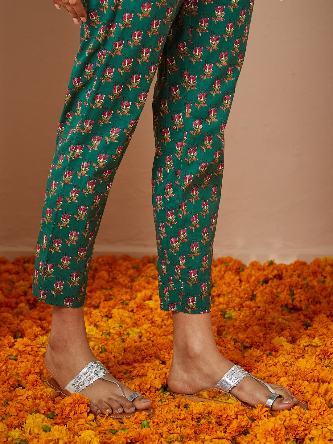 Women's Green Pure Cotton Floral Printed Yoke Design Anarkali Kurta Set