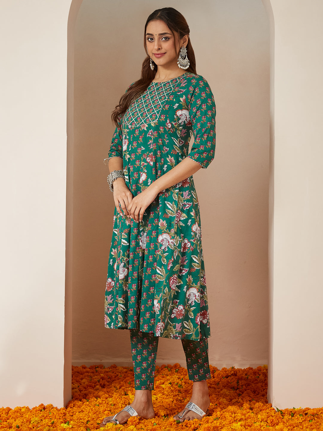 Women's Green Pure Cotton Floral Printed Yoke Design Anarkali Kurta Set