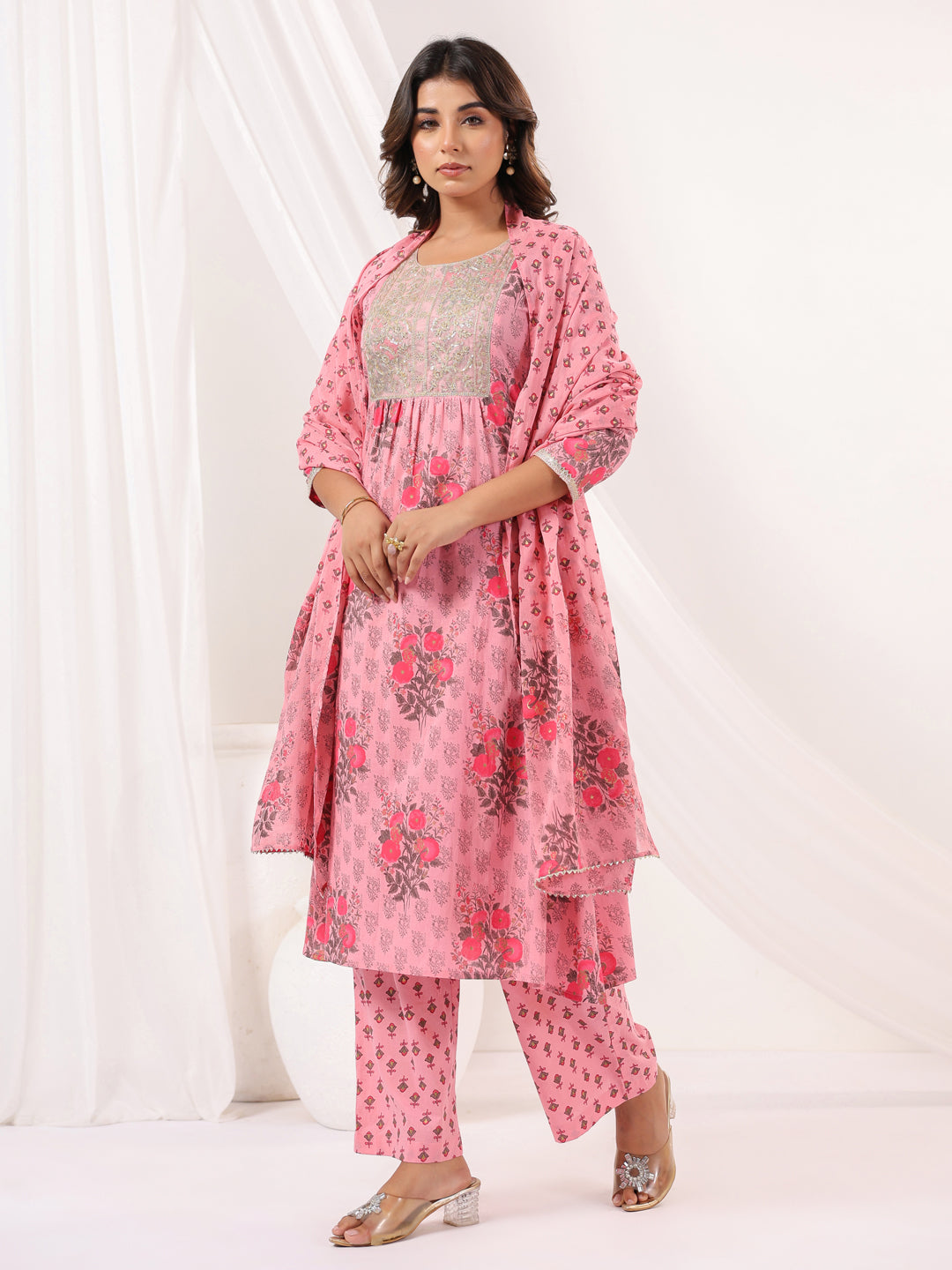Women's Pink Pure Cotton Yoke Embroidered Floral Printed Gathered Kurta Set