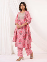 Women's Pink Pure Cotton Yoke Embroidered Floral Printed Gathered Kurta Set