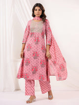 Women's Pink Pure Cotton Yoke Embroidered Floral Printed Gathered Kurta Set