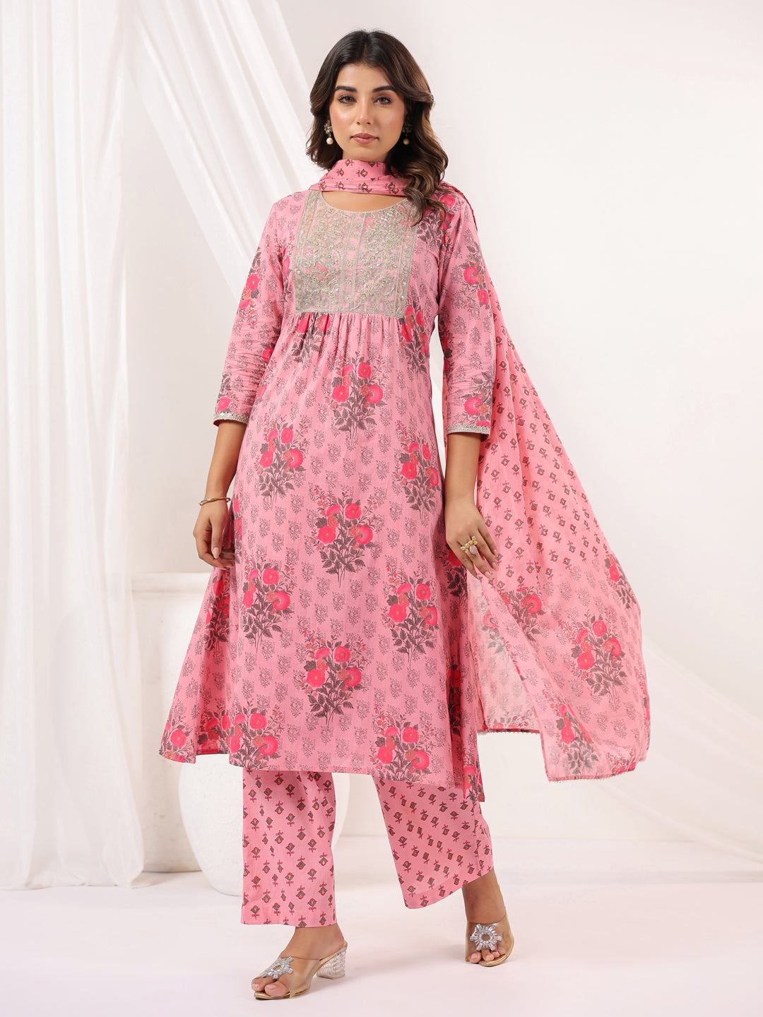 Women's Pink Pure Cotton Yoke Embroidered Floral Printed Gathered Kurta Set
