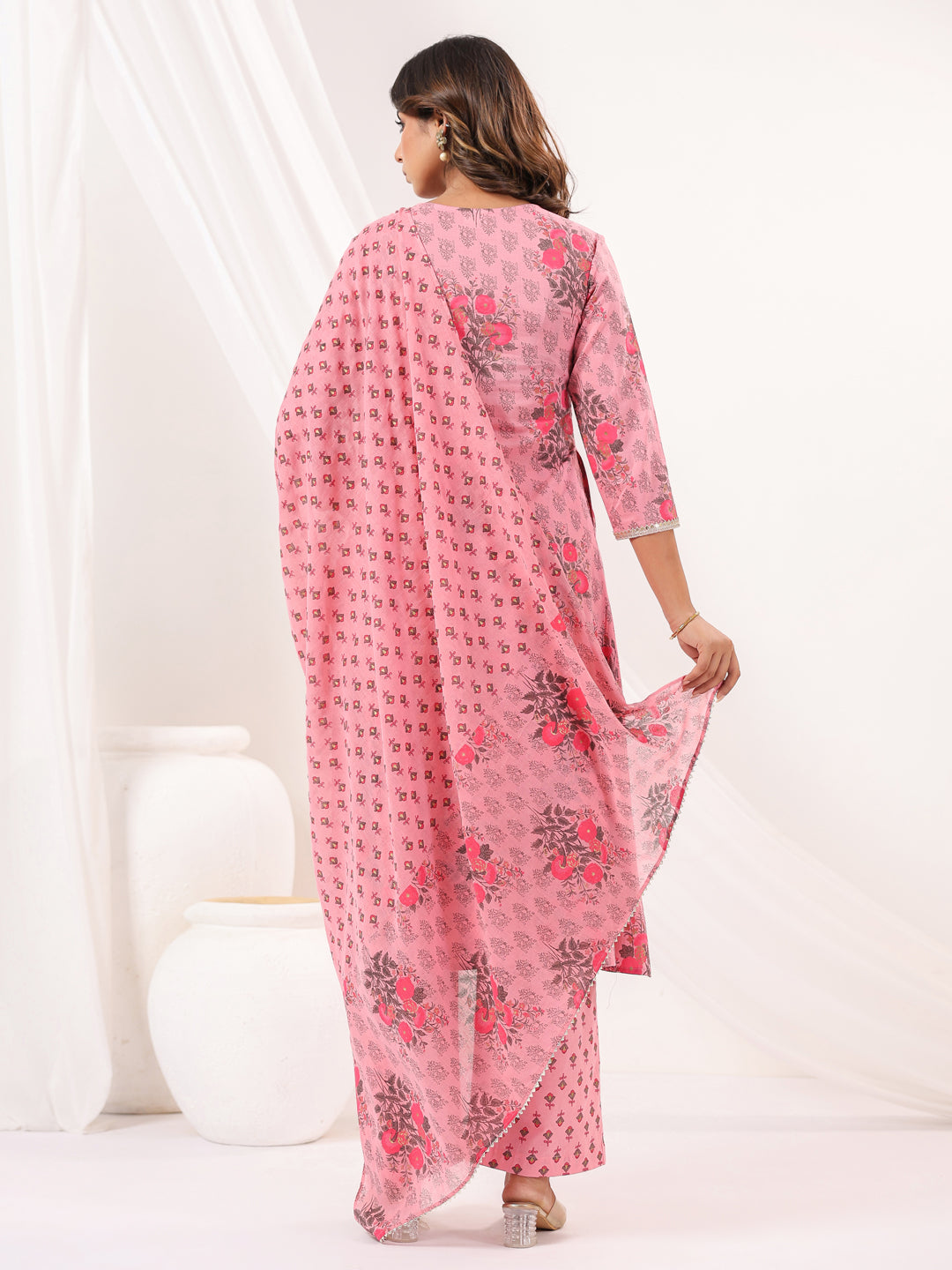 Women's Pink Pure Cotton Yoke Embroidered Floral Printed Gathered Kurta Set