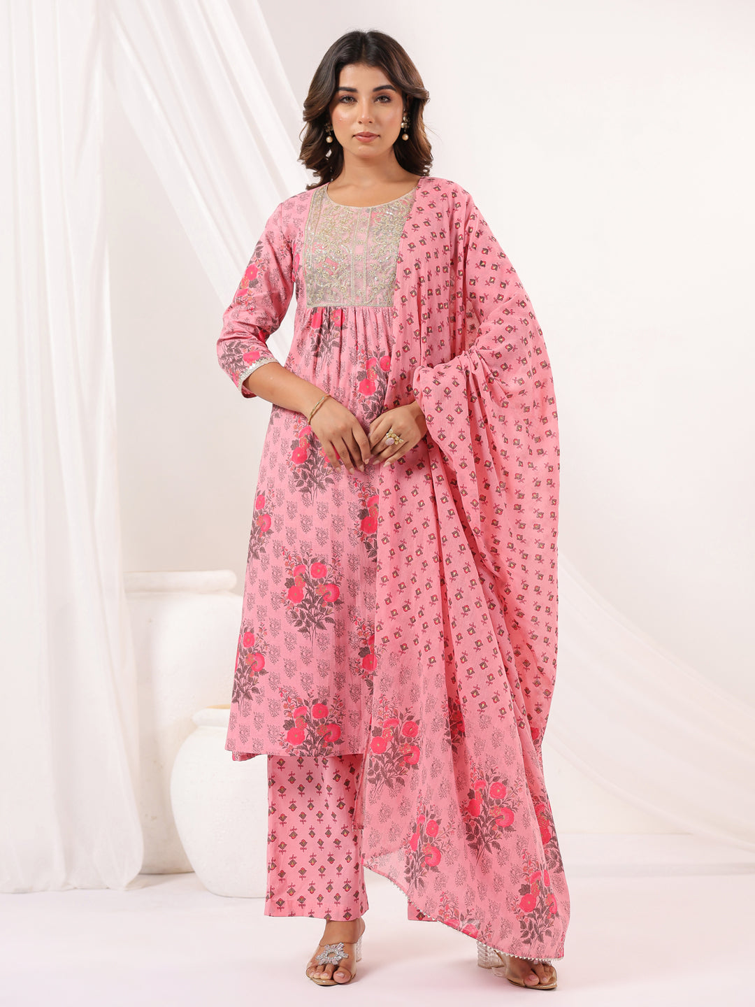 Women's Pink Pure Cotton Yoke Embroidered Floral Printed Gathered Kurta Set