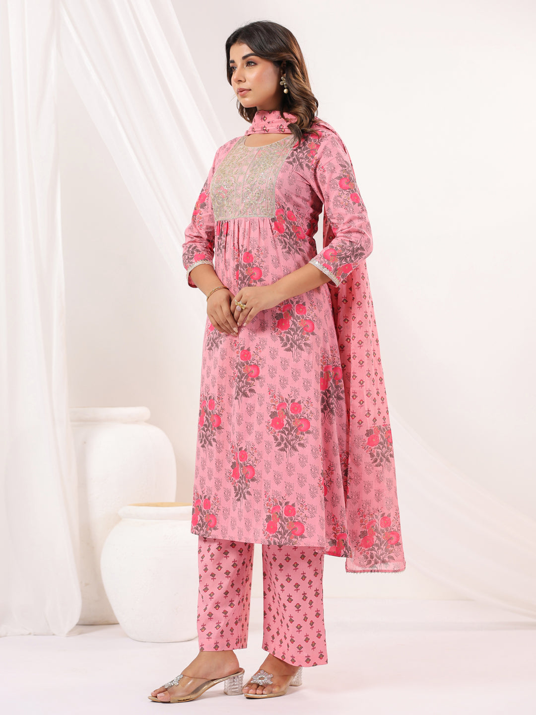 Women's Pink Pure Cotton Yoke Embroidered Floral Printed Gathered Kurta Set