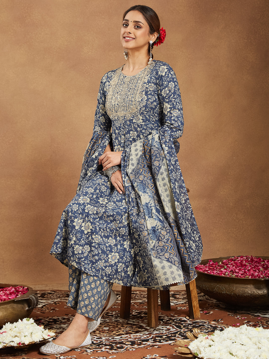 Women's Blue Pure Cotton Floral Printed Anarkali Kurta Set