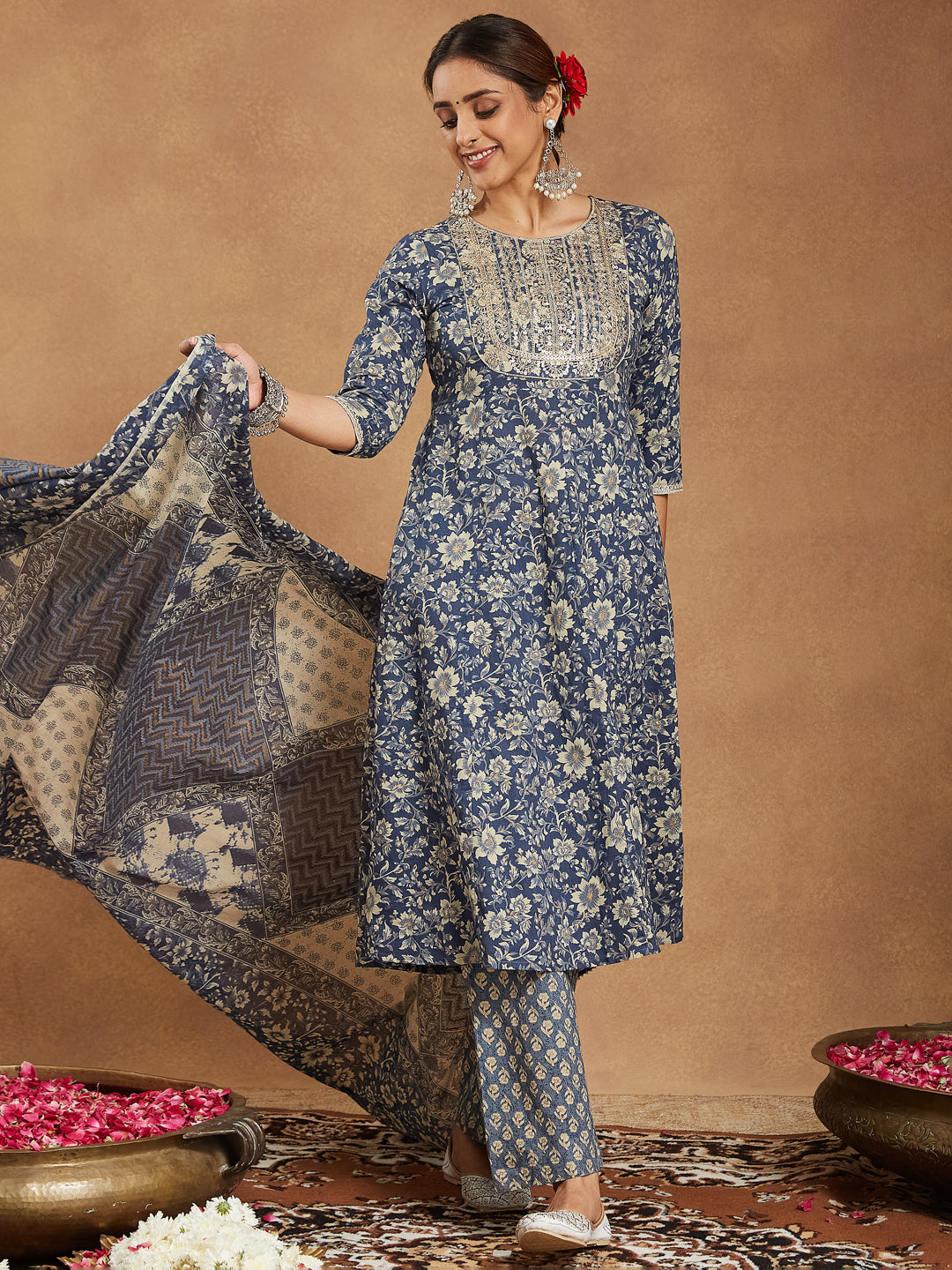 Women's Blue Pure Cotton Floral Printed Anarkali Kurta Set