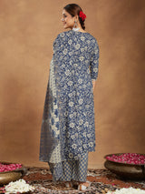 Women's Blue Pure Cotton Floral Printed Anarkali Kurta Set