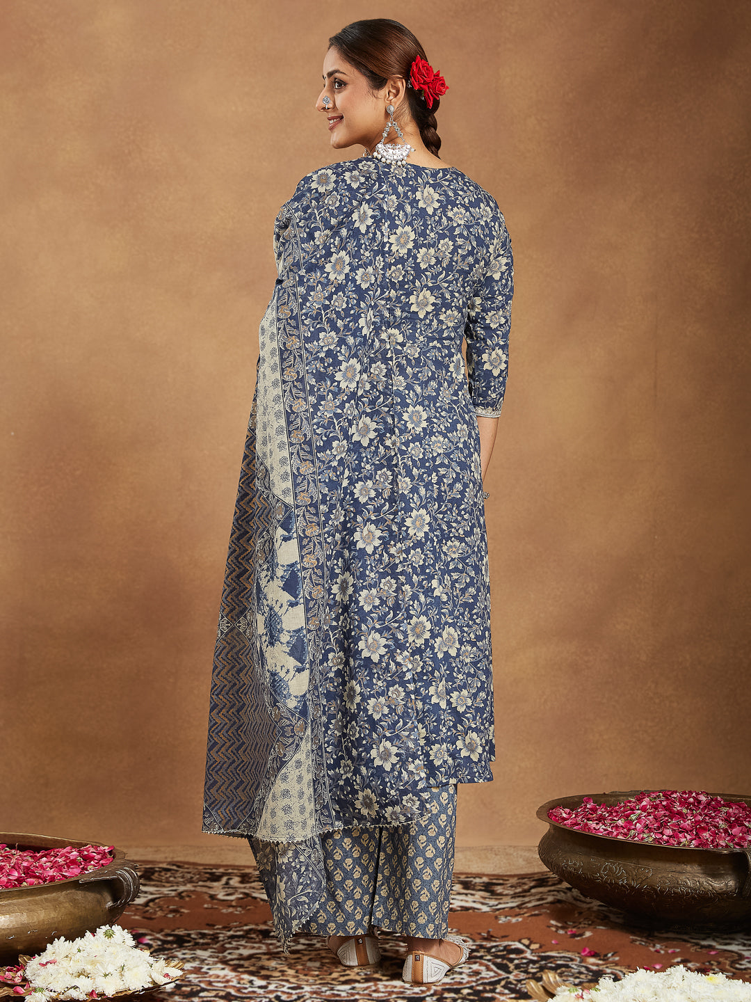 Women's Blue Pure Cotton Floral Printed Anarkali Kurta Set