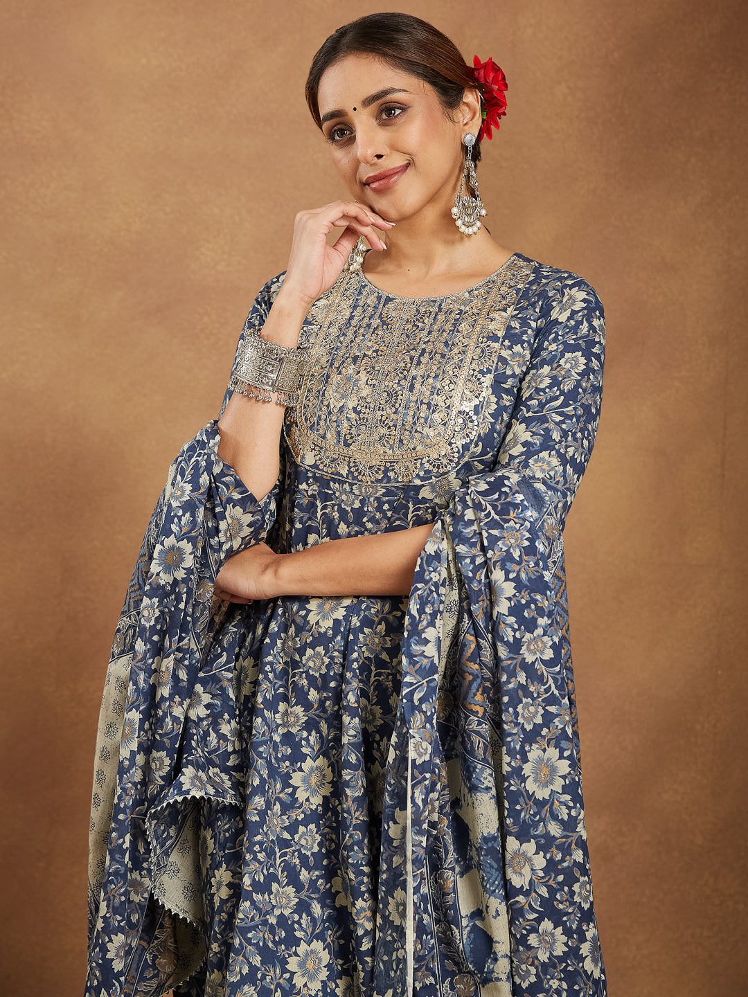 Women's Blue Pure Cotton Floral Printed Anarkali Kurta Set